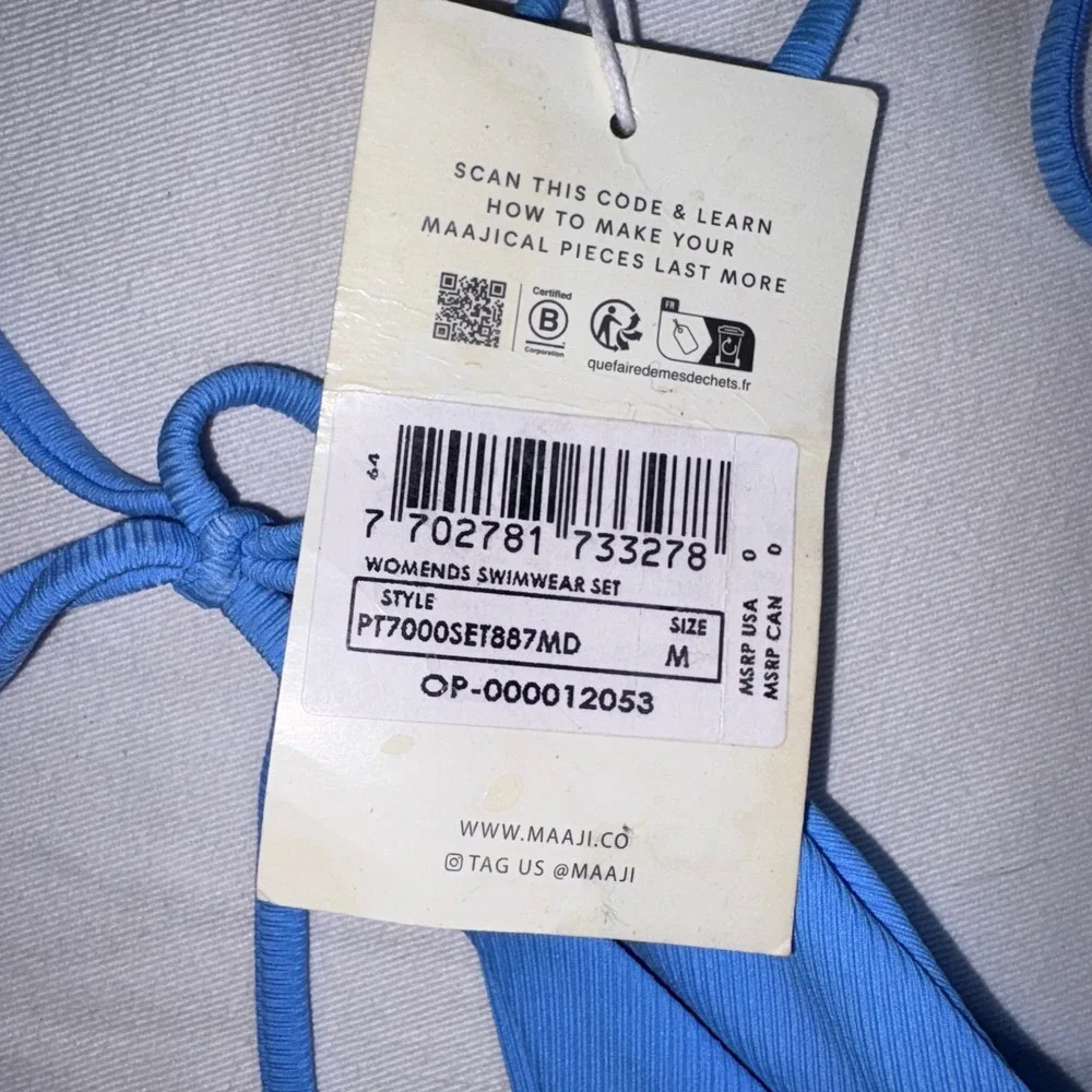 Maaji string tie up Bikini Set Medium Blue Neon Green NEW Ribbed Colorblock